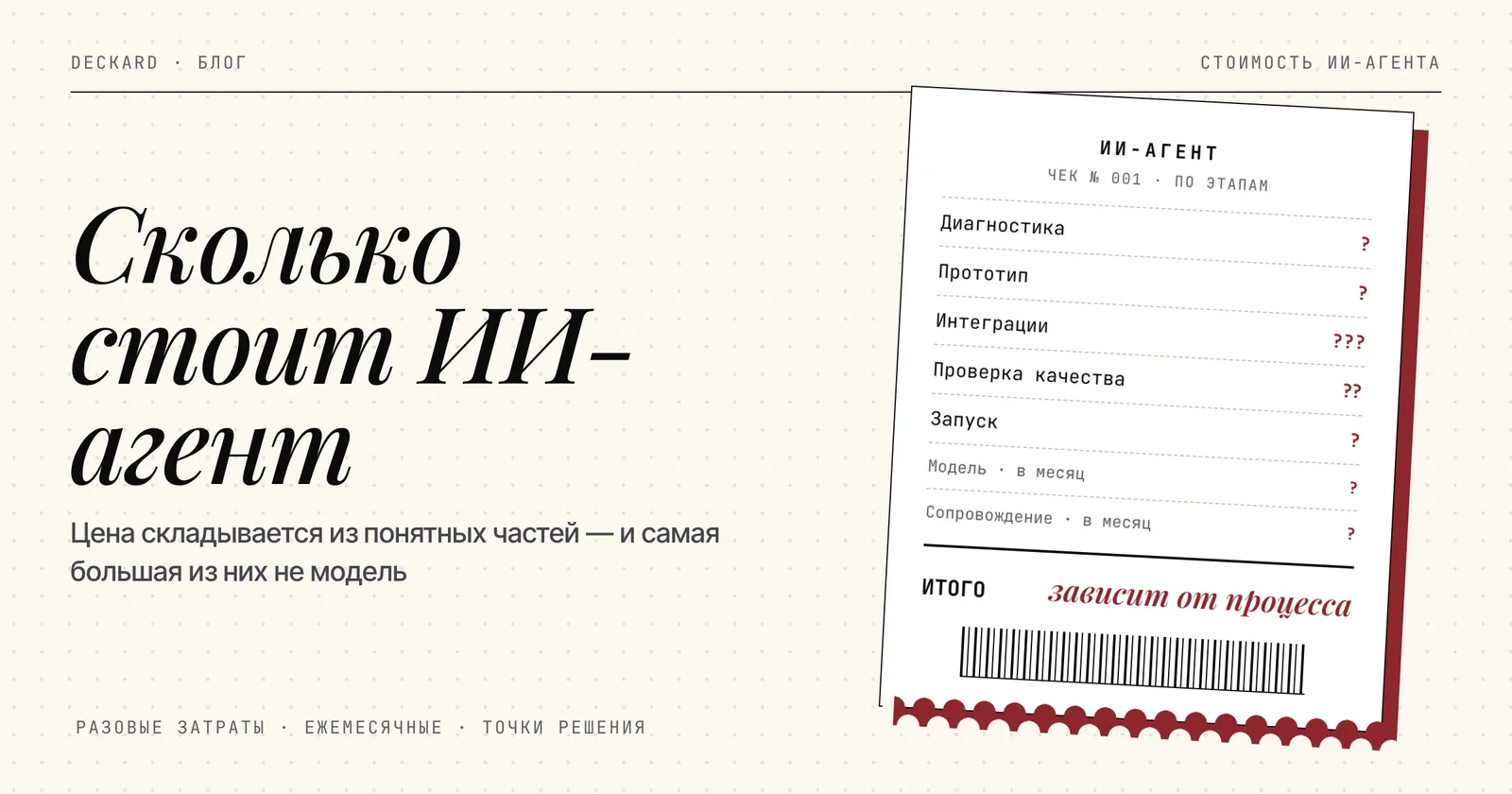 Чек на ИИ-агента со строками диагностика, прототип, интеграции, проверка качества и работа модели, итог зависит от процесса